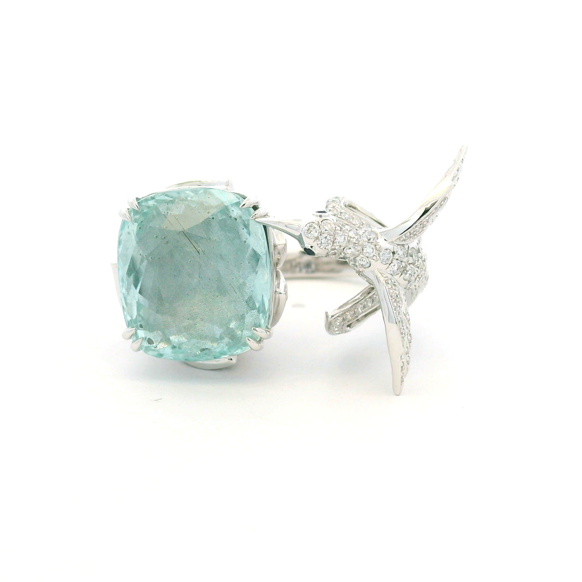 GIA 18K White Gold Blueish Green Aquamarine & Diamond Bird Wrap Ring