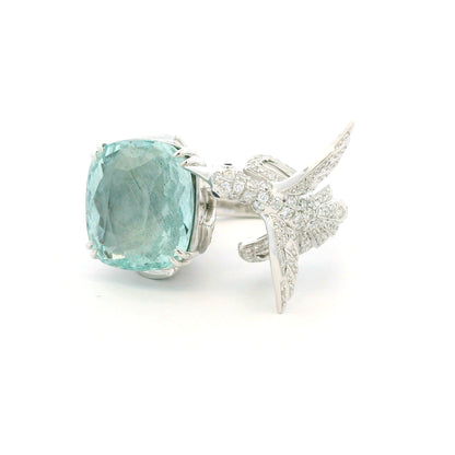 GIA 18K White Gold Blueish Green Aquamarine & Diamond Bird Wrap Ring