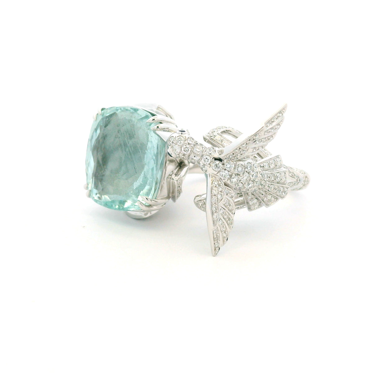 GIA 18K White Gold Blueish Green Aquamarine & Diamond Bird Wrap Ring