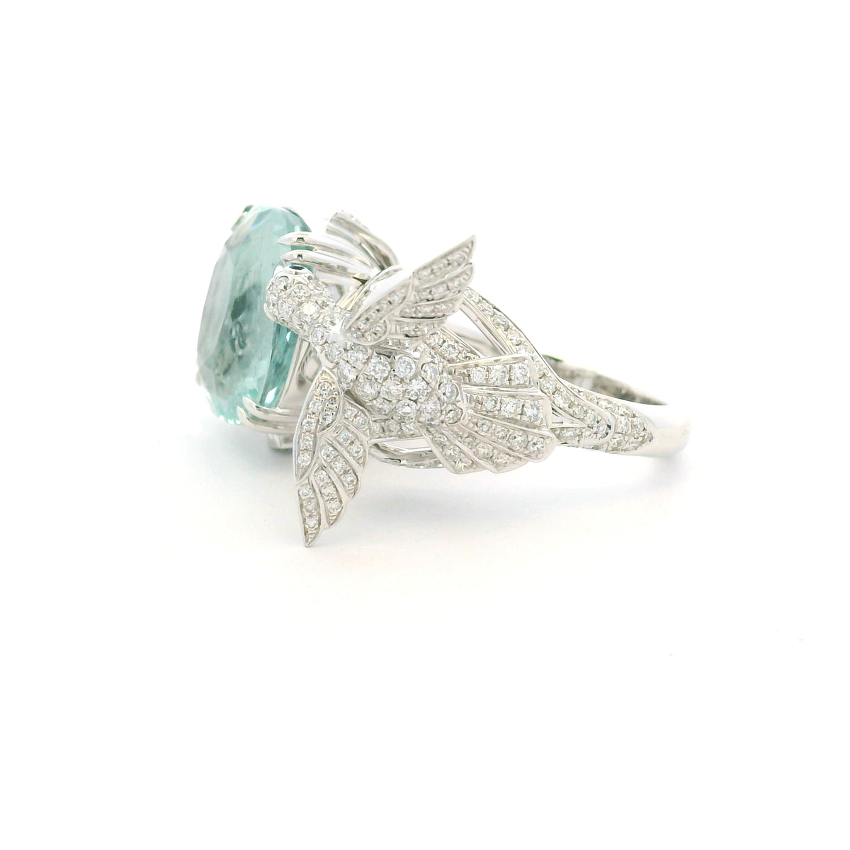 GIA 18K White Gold Blueish Green Aquamarine & Diamond Bird Wrap Ring