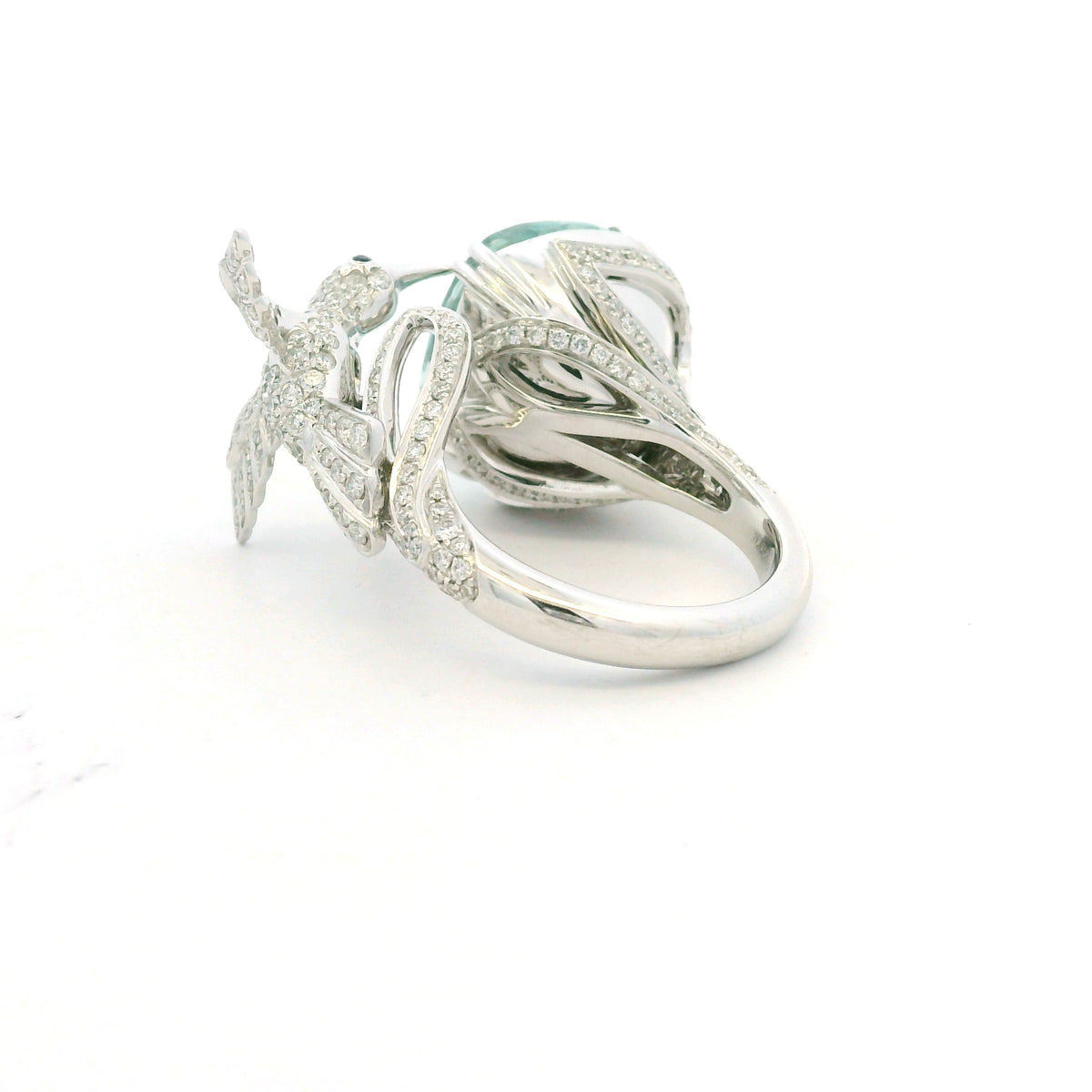 GIA 18K White Gold Blueish Green Aquamarine & Diamond Bird Wrap Ring