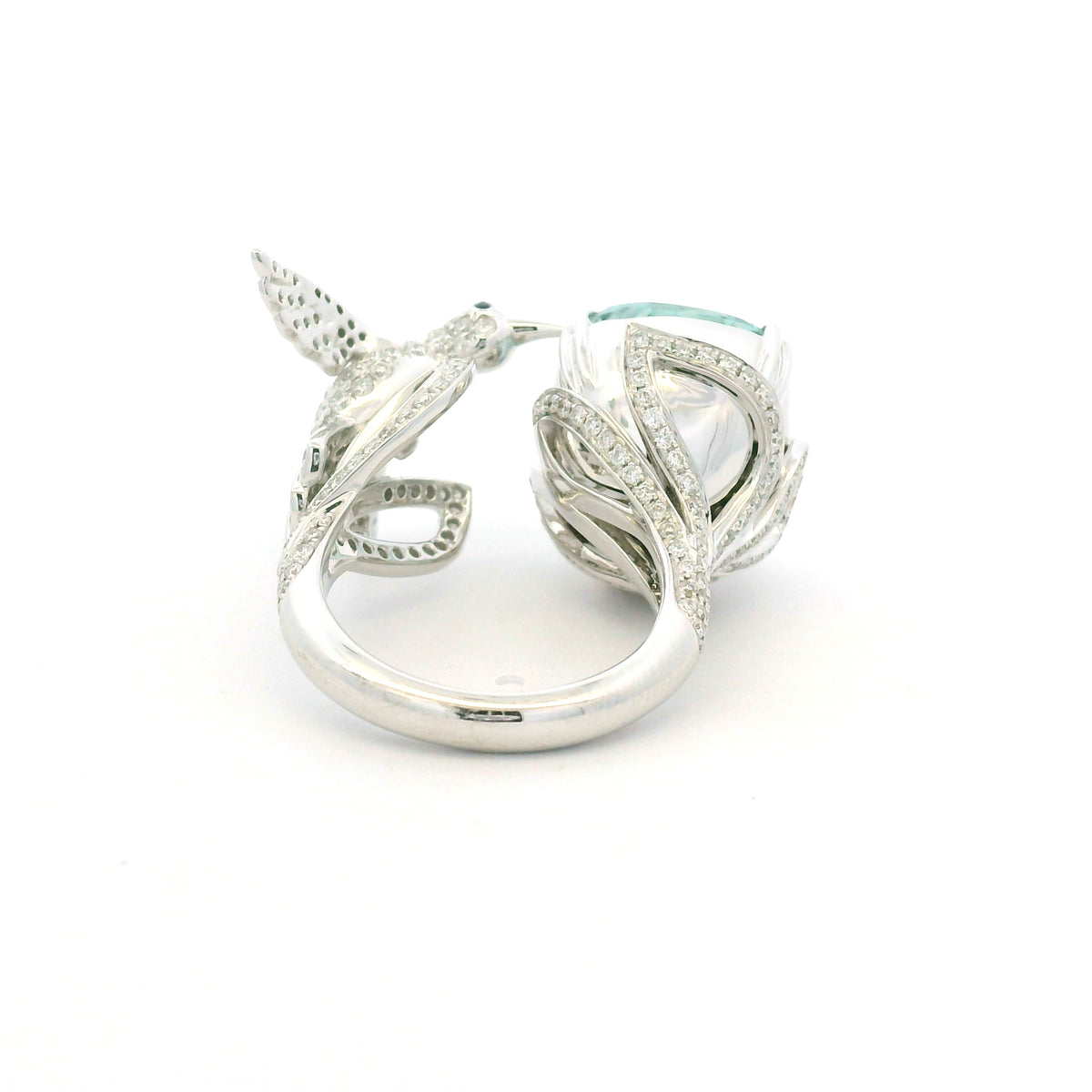 GIA 18K White Gold Blueish Green Aquamarine & Diamond Bird Wrap Ring