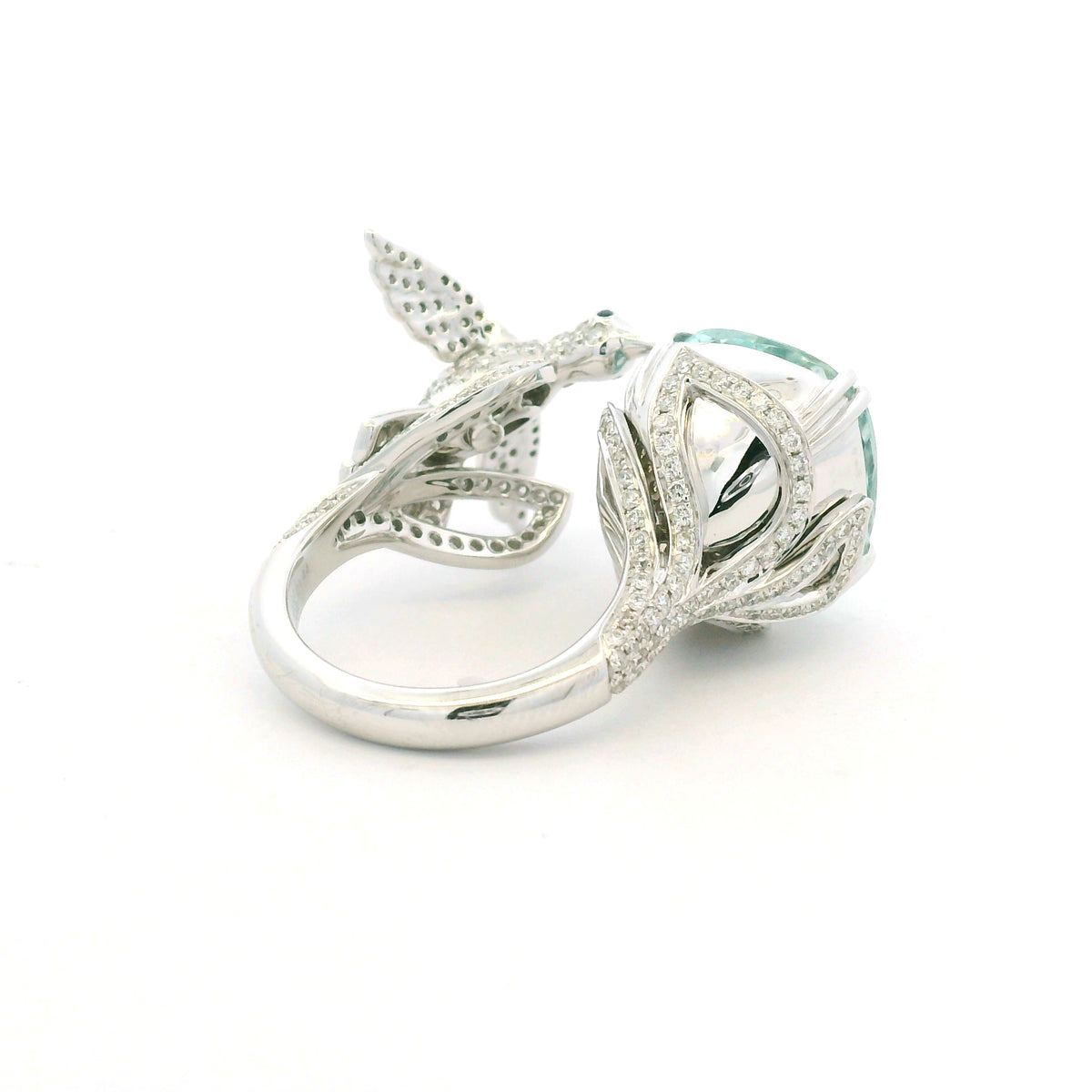 GIA 18K White Gold Blueish Green Aquamarine & Diamond Bird Wrap Ring