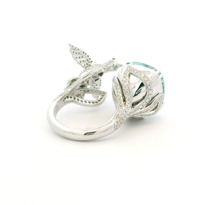 GIA 18K White Gold Blueish Green Aquamarine & Diamond Bird Wrap Ring