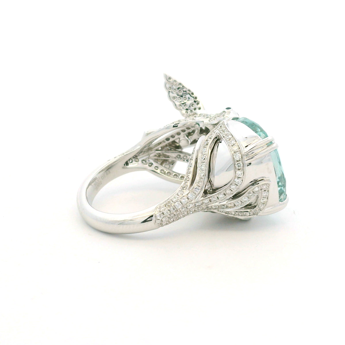 GIA 18K White Gold Blueish Green Aquamarine & Diamond Bird Wrap Ring