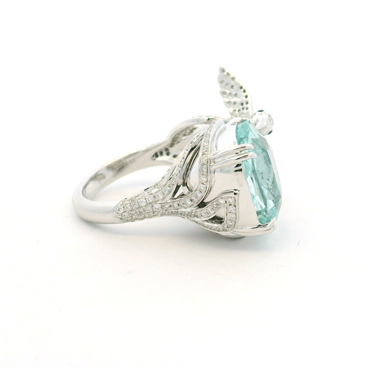 GIA 18K White Gold Blueish Green Aquamarine & Diamond Bird Wrap Ring