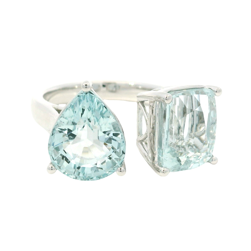 18K White Gold 6.64 Carat Fancy Shape Aquamarine Toi et Moi Ring