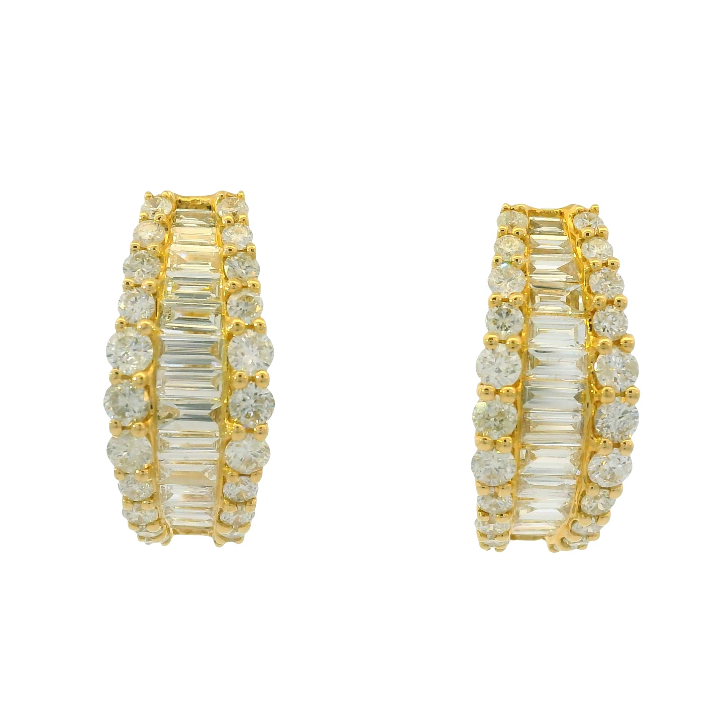 14k Yellow Gold Natural Round & Baguette Cut Diamond Huggie Earrings