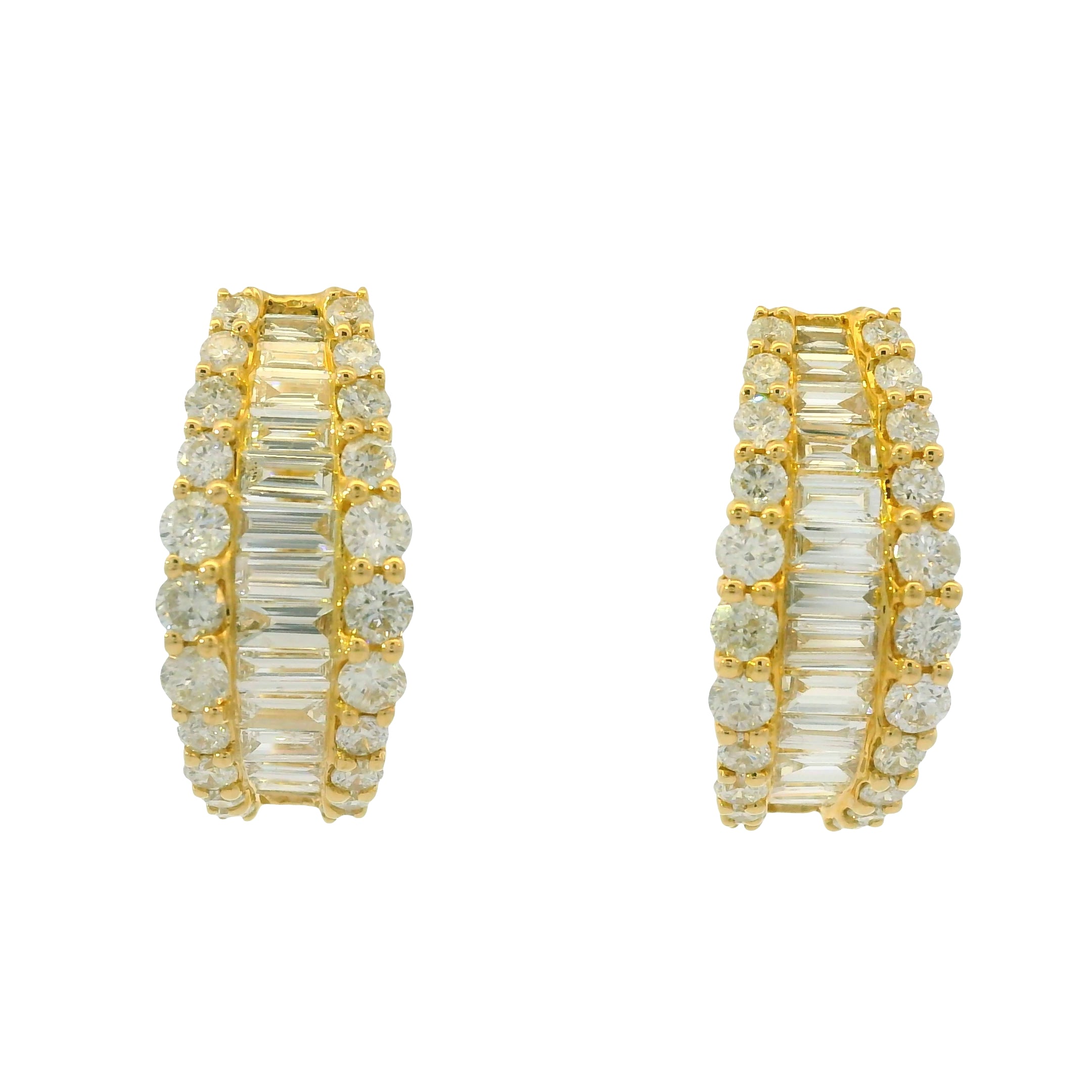 14k Yellow Gold Natural Round & Baguette Cut Diamond Huggie Earrings