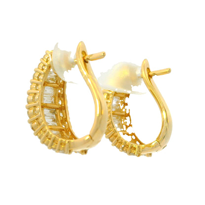 14k Yellow Gold Natural Round & Baguette Cut Diamond Huggie Earrings