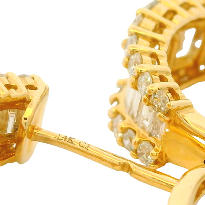 14k Yellow Gold Natural Round & Baguette Cut Diamond Huggie Earrings