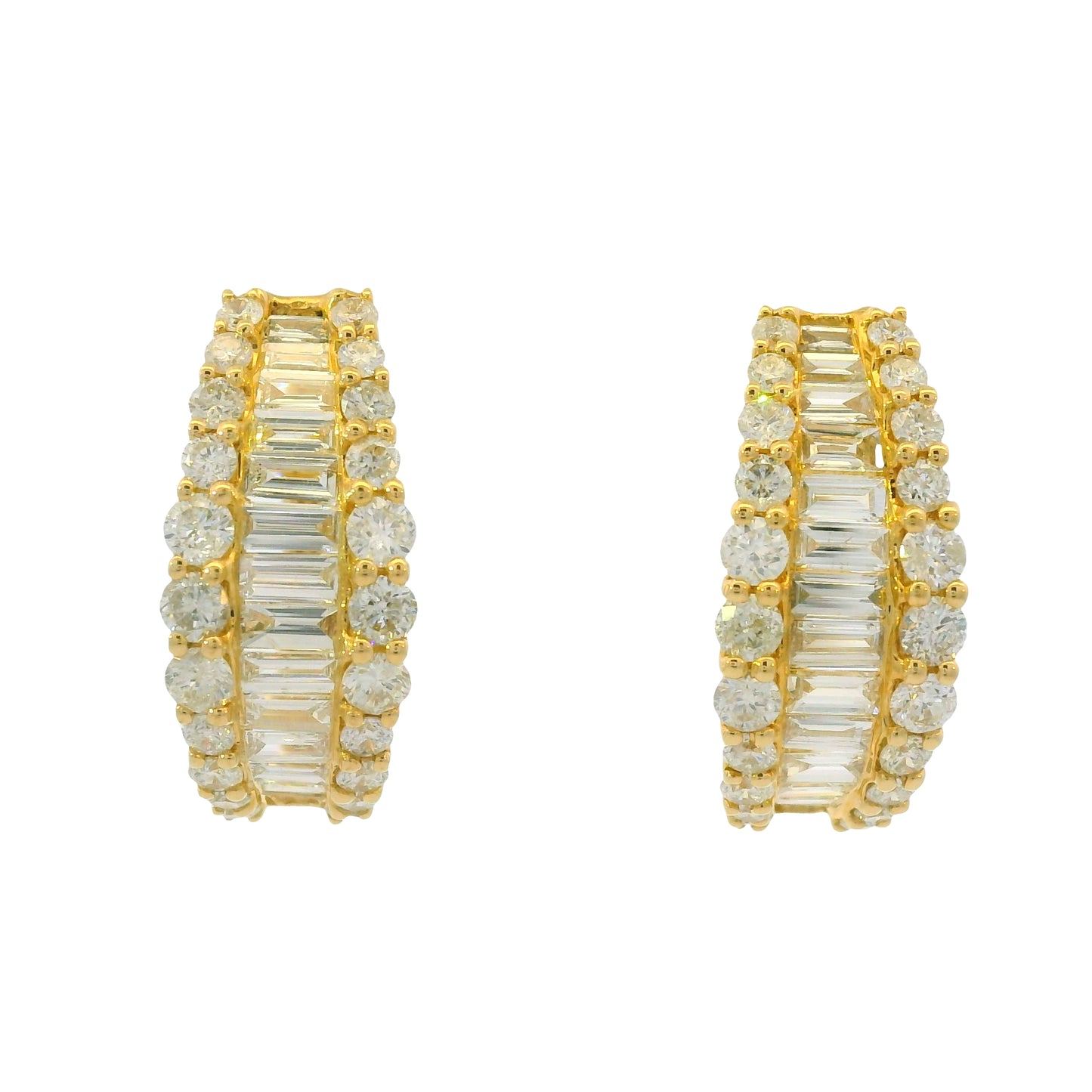 14k Yellow Gold Natural Round & Baguette Cut Diamond Huggie Earrings