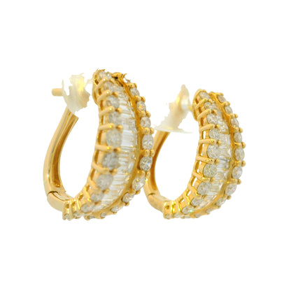 14k Yellow Gold Natural Round & Baguette Cut Diamond Huggie Earrings