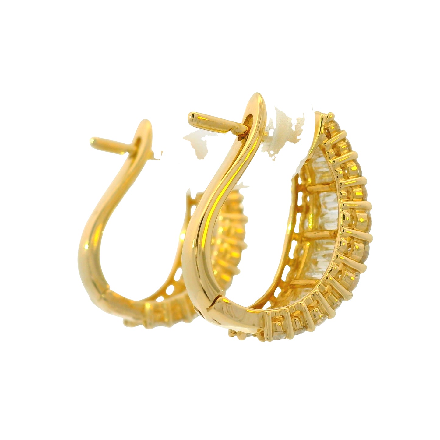 14k Yellow Gold Natural Round & Baguette Cut Diamond Huggie Earrings