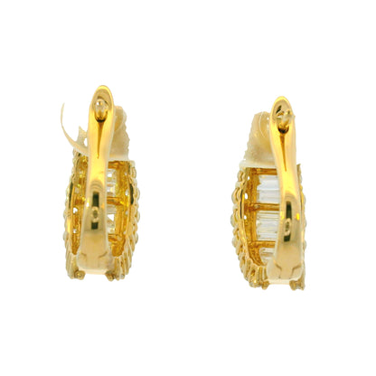 14k Yellow Gold Natural Round & Baguette Cut Diamond Huggie Earrings
