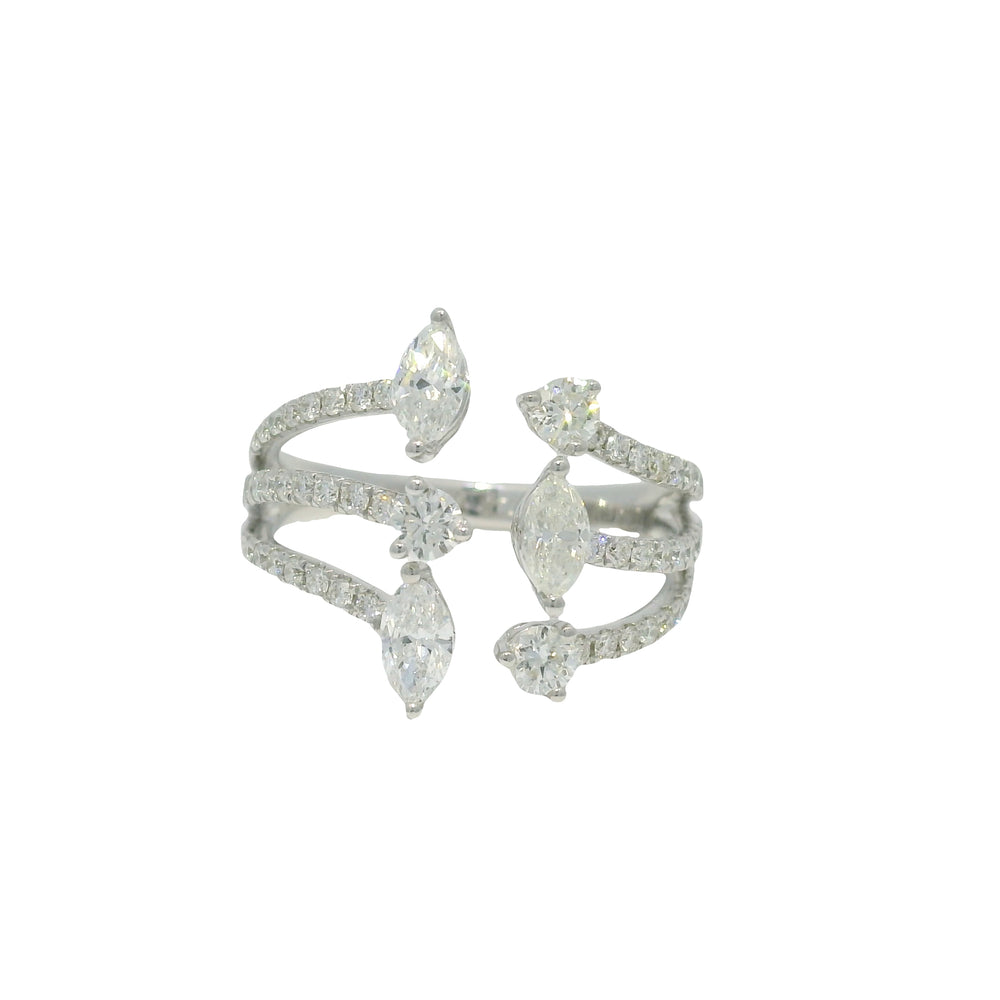 14k White Gold Natural Marquise & Round Brilliant Cut Diamond Openwork Ring