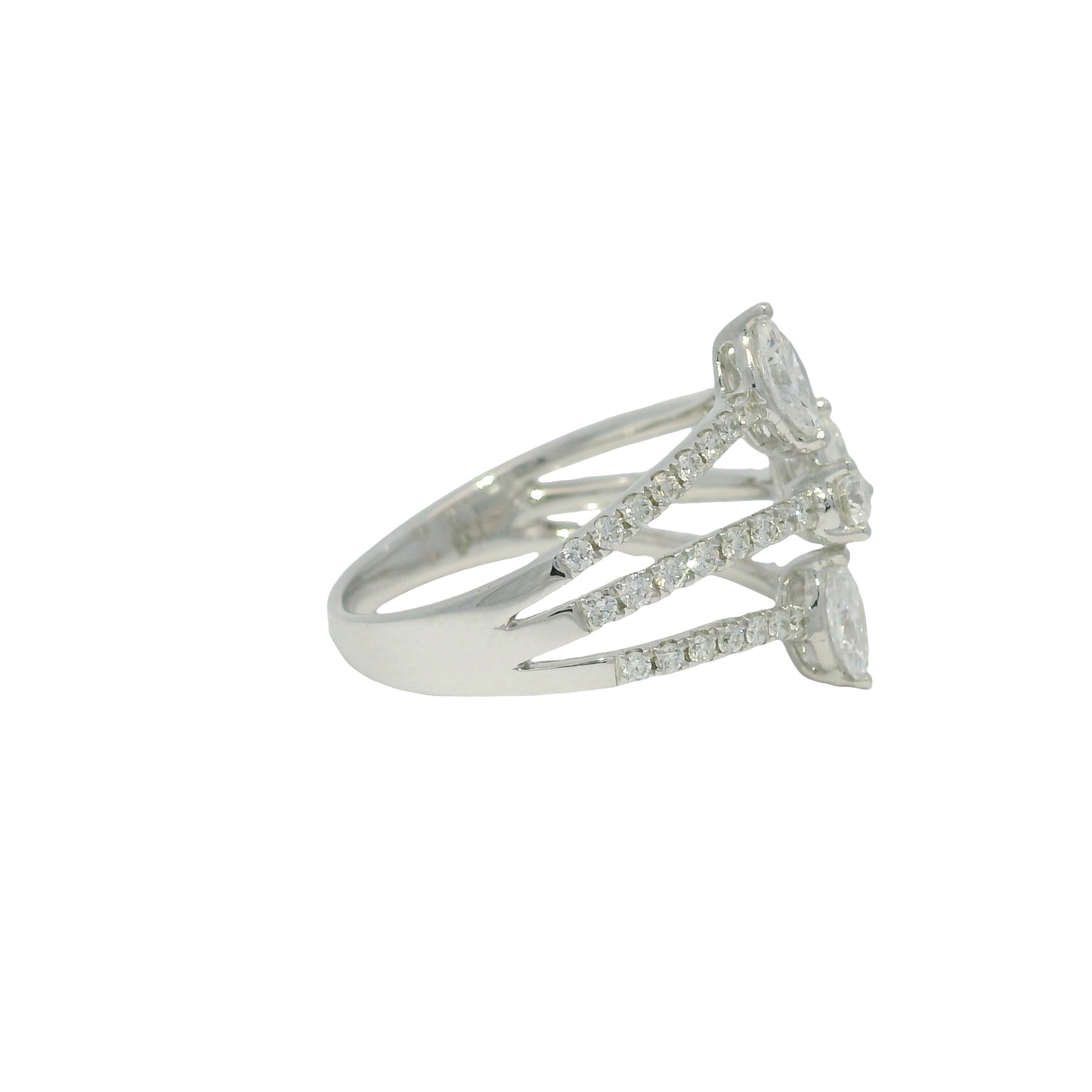 14k White Gold Natural Marquise & Round Brilliant Cut Diamond Openwork Ring