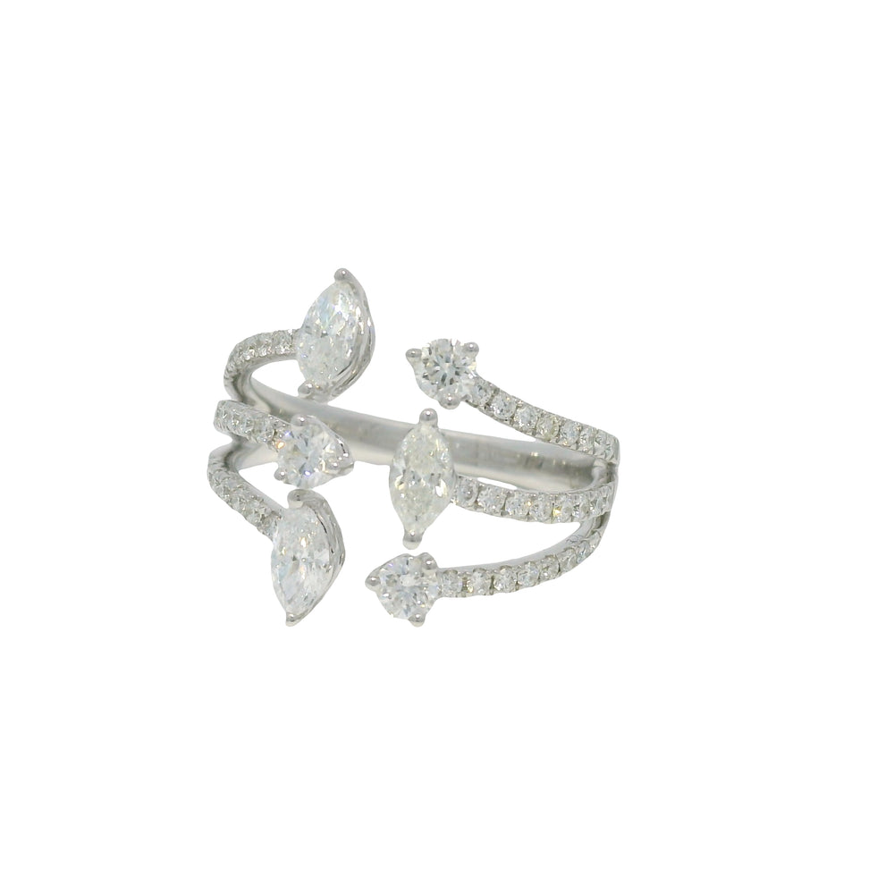 14k White Gold Natural Marquise & Round Brilliant Cut Diamond Openwork Ring