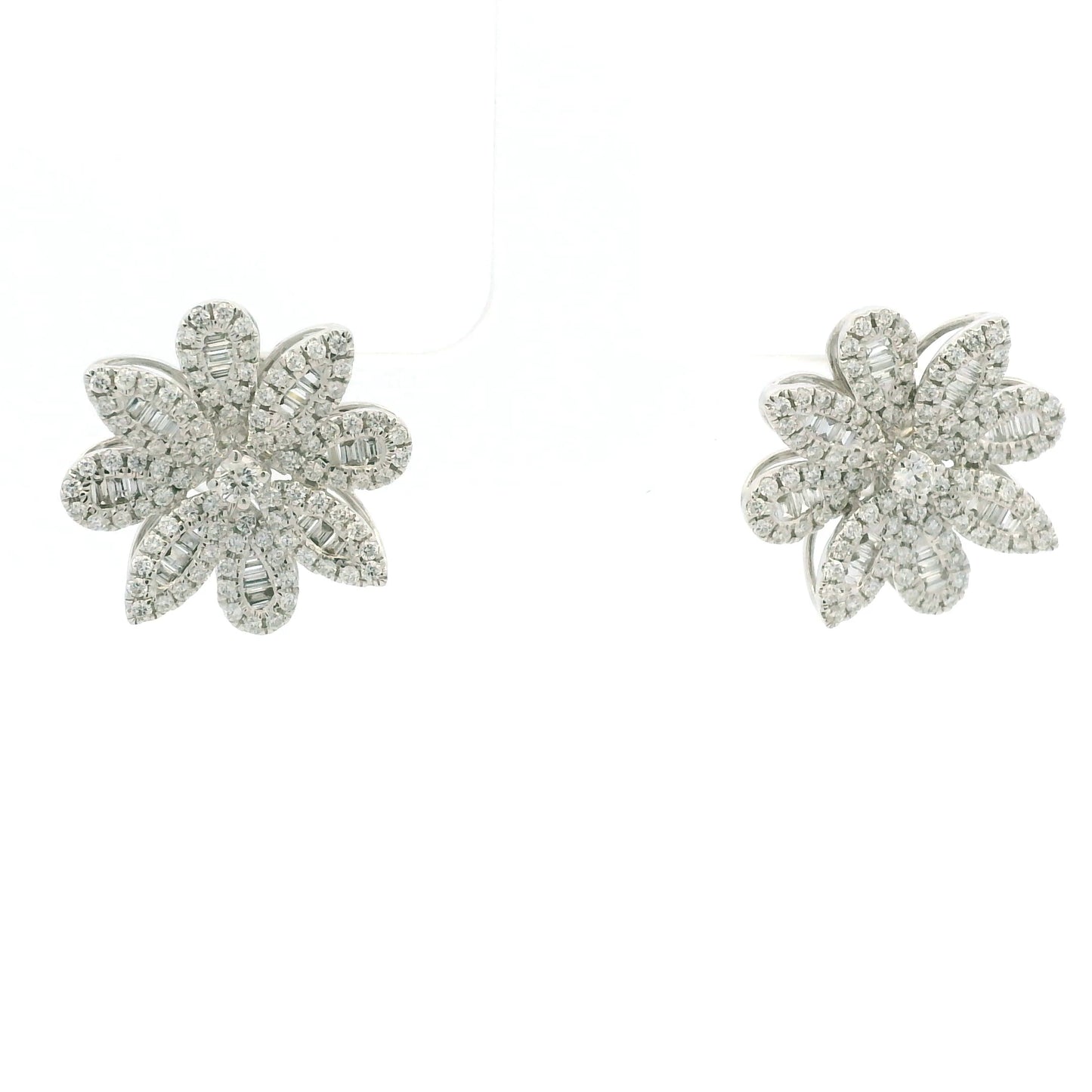 18K White Gold Natural Round & Baguette Diamond Flower Earrings