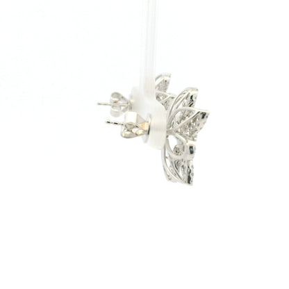 18K White Gold Natural Round & Baguette Diamond Flower Earrings