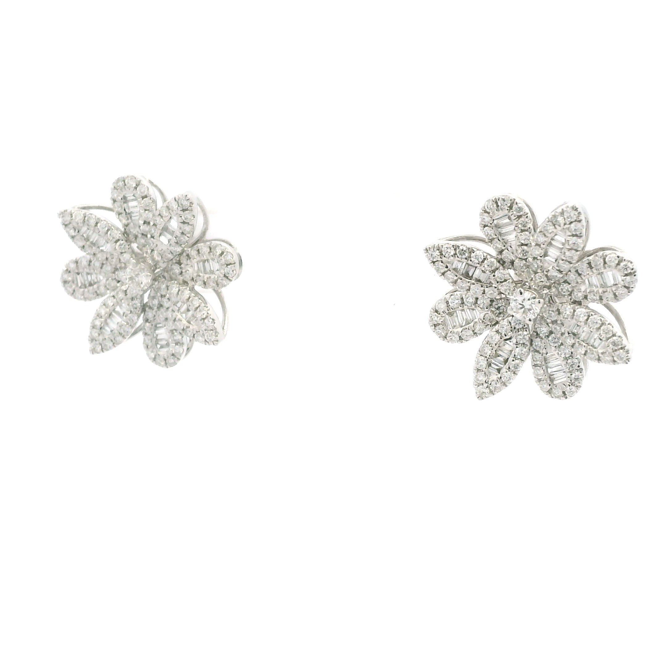 18K White Gold Natural Round & Baguette Diamond Flower Earrings