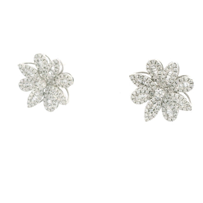 18K White Gold Natural Round & Baguette Diamond Flower Earrings