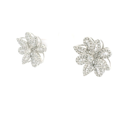 18K White Gold Natural Round & Baguette Diamond Flower Earrings