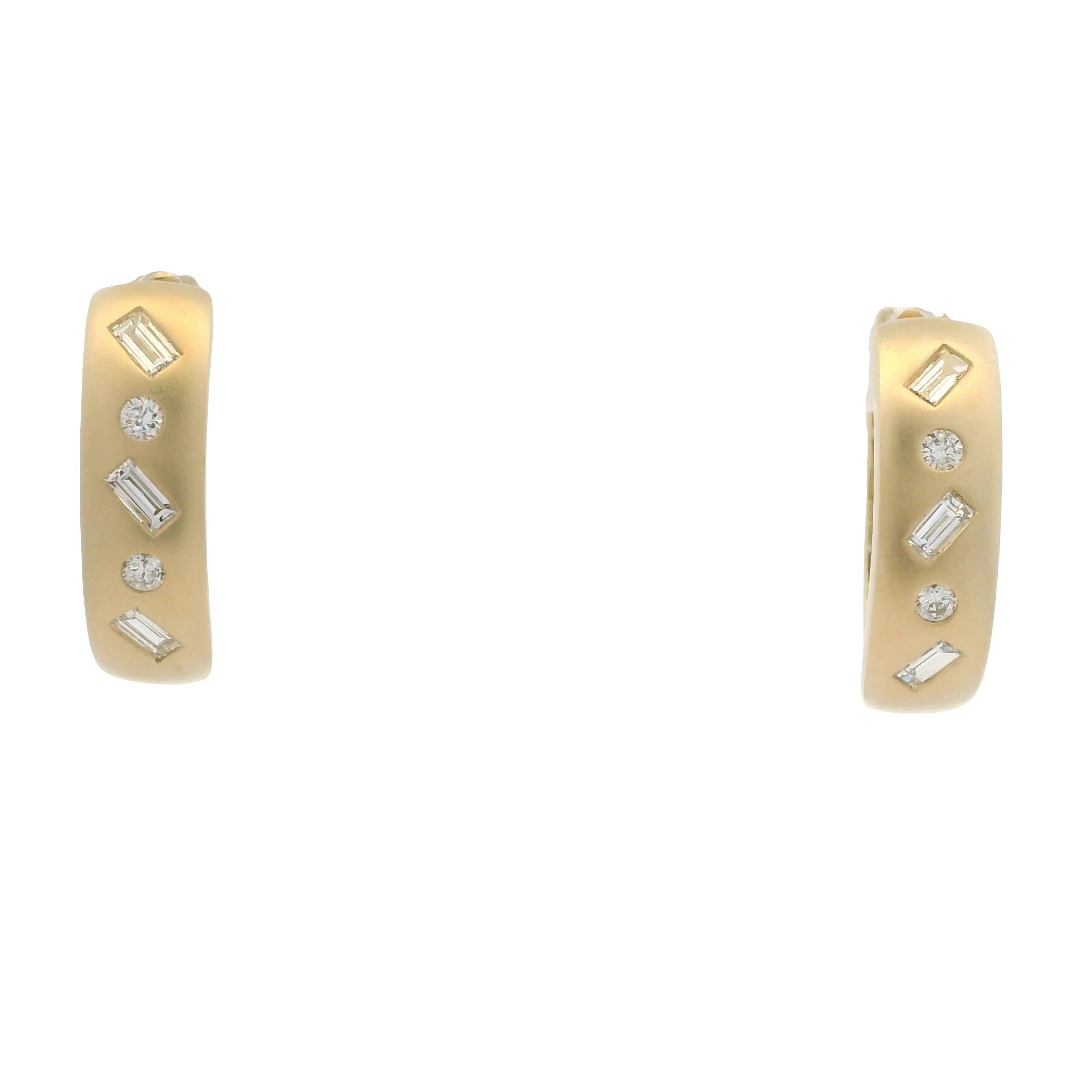 14K Yellow Gold Natural Round & Baguette Diamond Flush Set Huggie Earrings