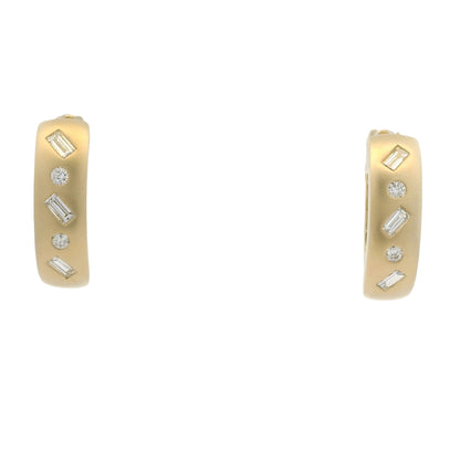14K Yellow Gold Natural Round & Baguette Diamond Flush Set Huggie Earrings
