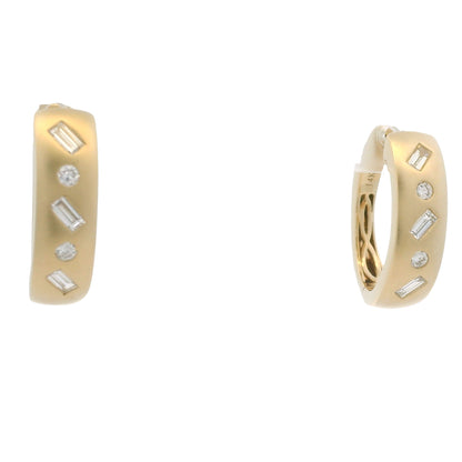 14K Yellow Gold Natural Round & Baguette Diamond Flush Set Huggie Earrings