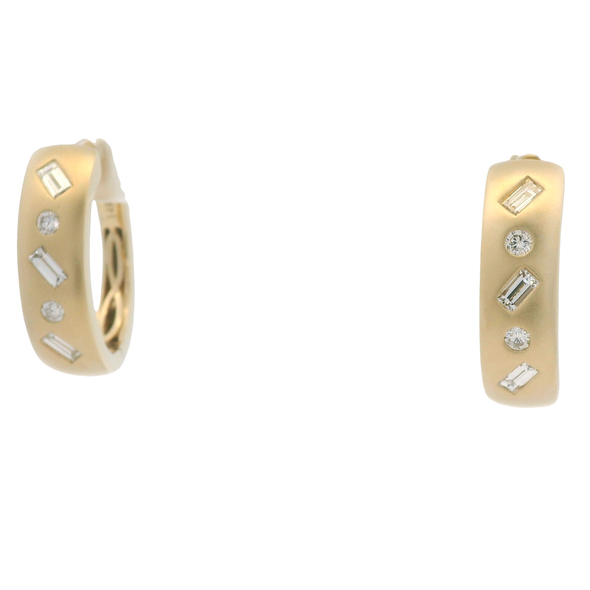 14K Yellow Gold Natural Round & Baguette Diamond Flush Set Huggie Earrings — product photo 8