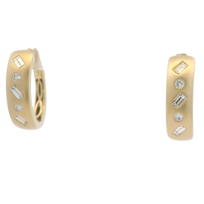 14K Yellow Gold Natural Round & Baguette Diamond Flush Set Huggie Earrings