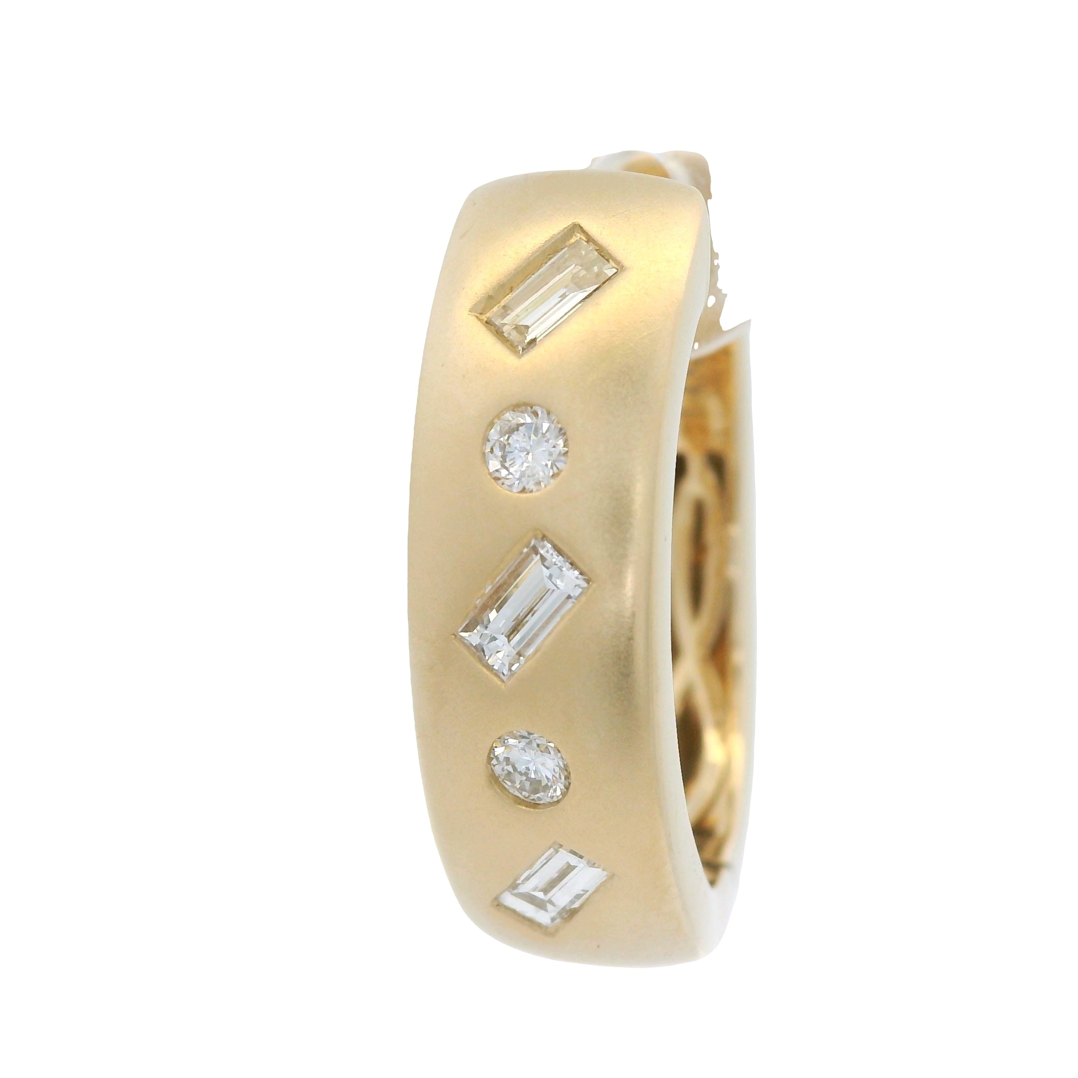 14K Yellow Gold Natural Round & Baguette Diamond Flush Set Huggie Earrings