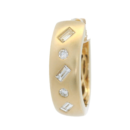 14K Yellow Gold Natural Round & Baguette Diamond Flush Set Huggie Earrings