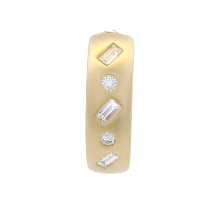 14K Yellow Gold Natural Round & Baguette Diamond Flush Set Huggie Earrings
