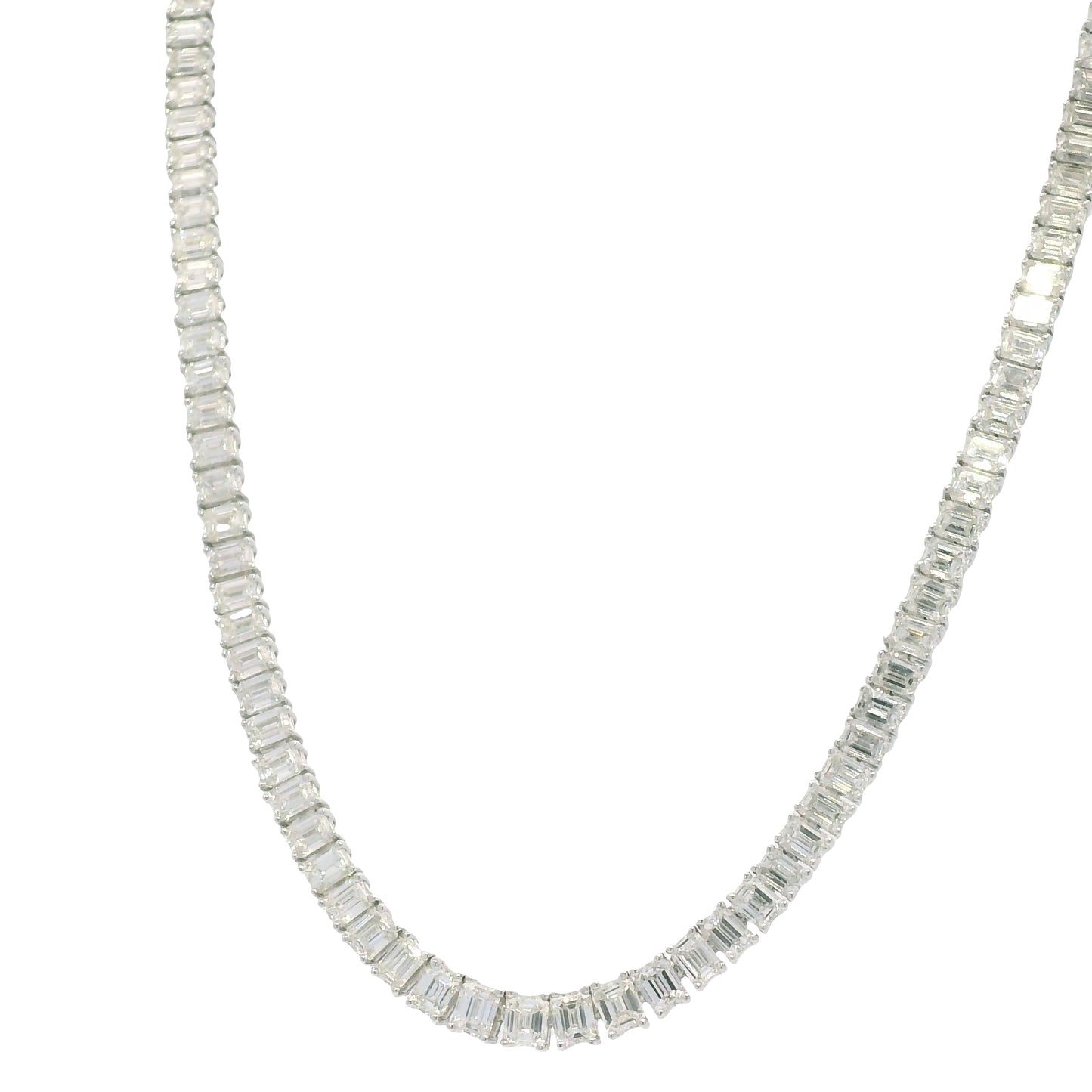 18k White Gold & Platinum Natural Emerald Cut Diamond Tennis Necklace