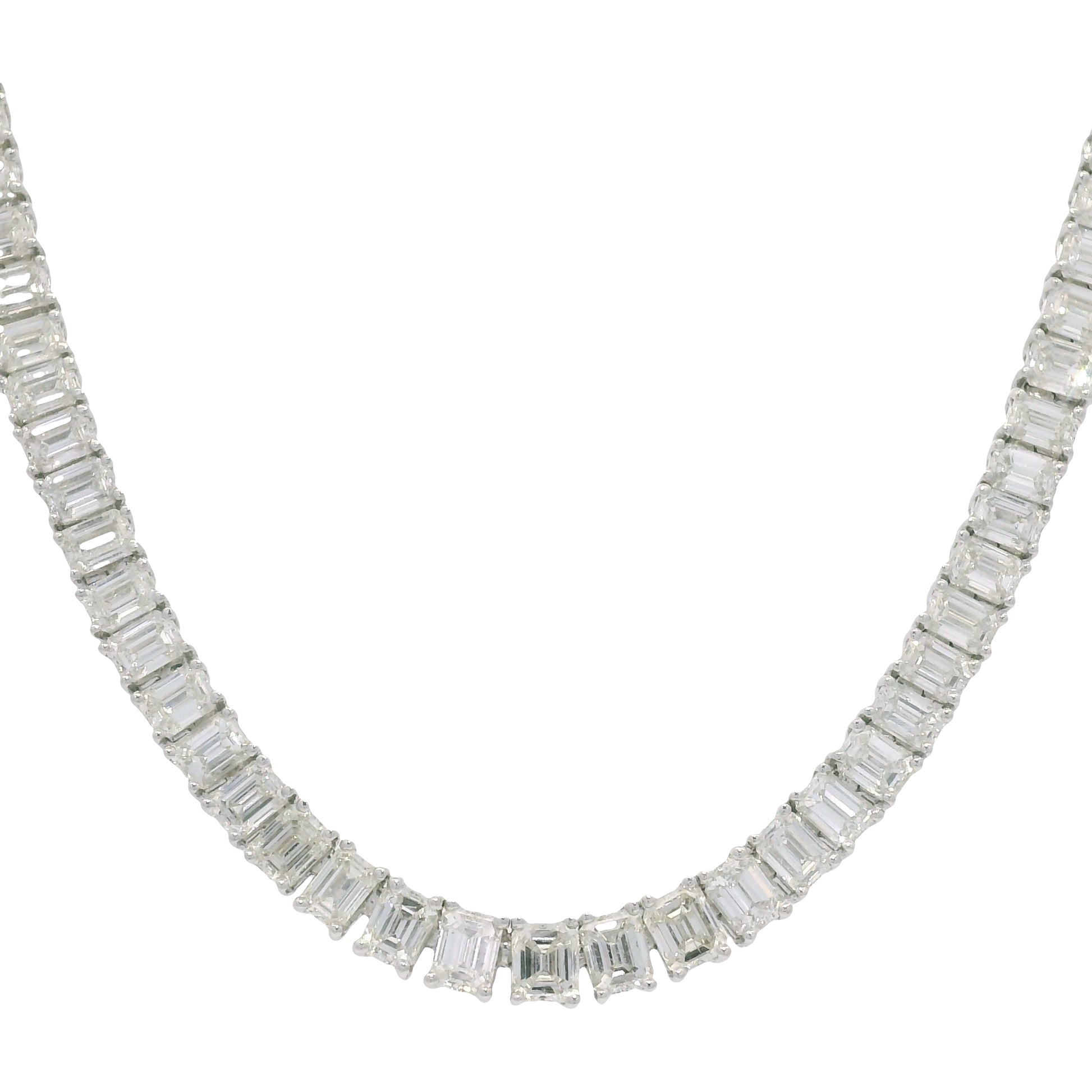 18k White Gold & Platinum Natural Emerald Cut Diamond Tennis Necklace