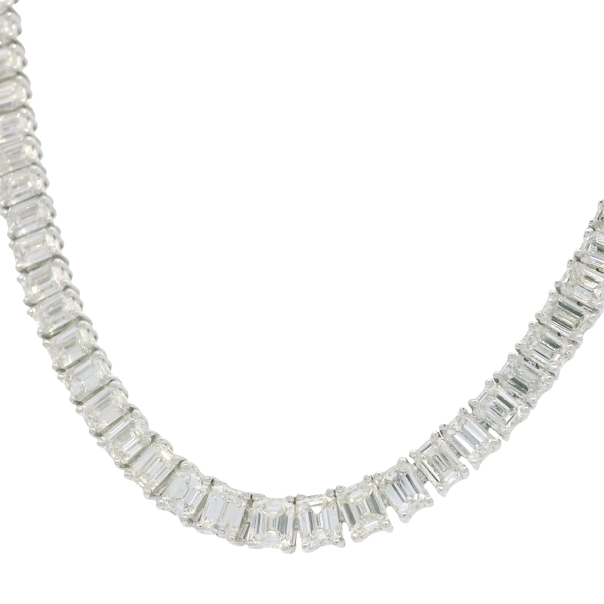 18k White Gold & Platinum Natural Emerald Cut Diamond Tennis Necklace