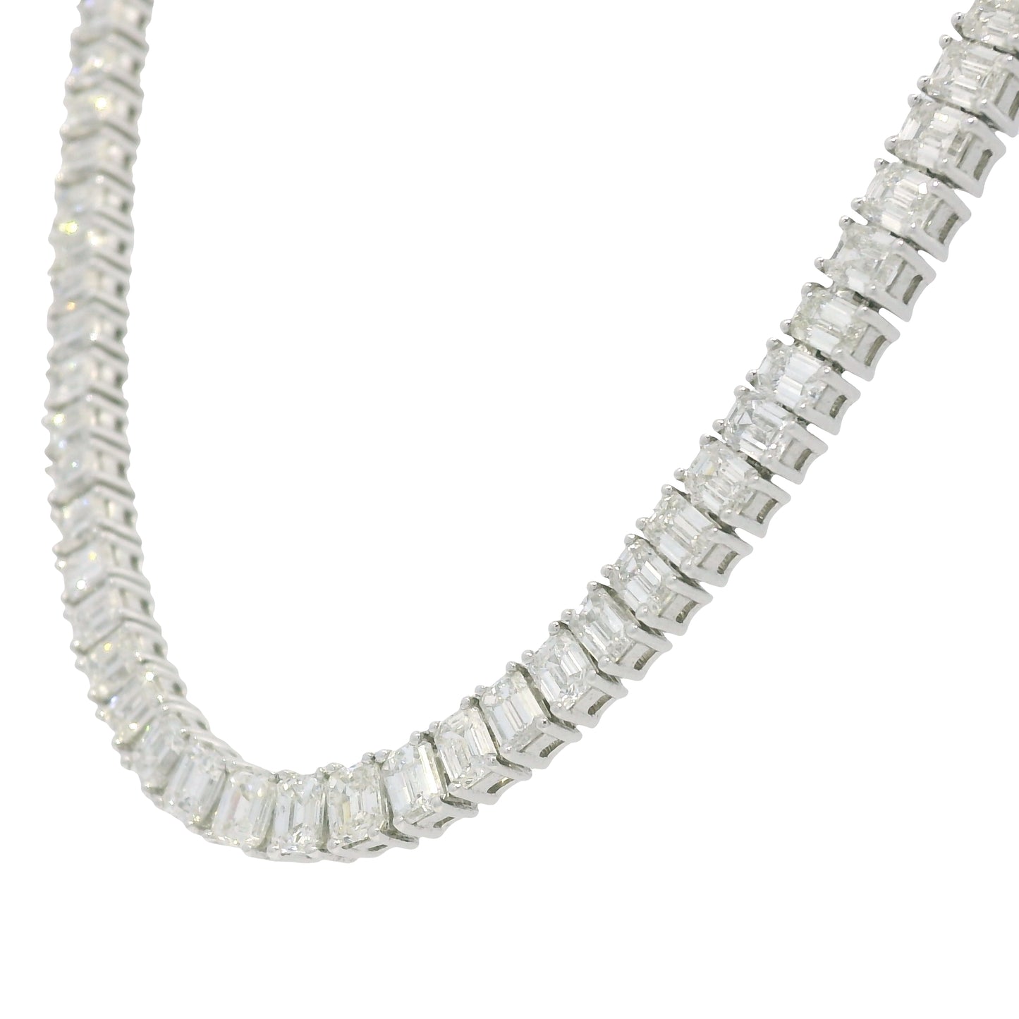 18k White Gold & Platinum Natural Emerald Cut Diamond Tennis Necklace