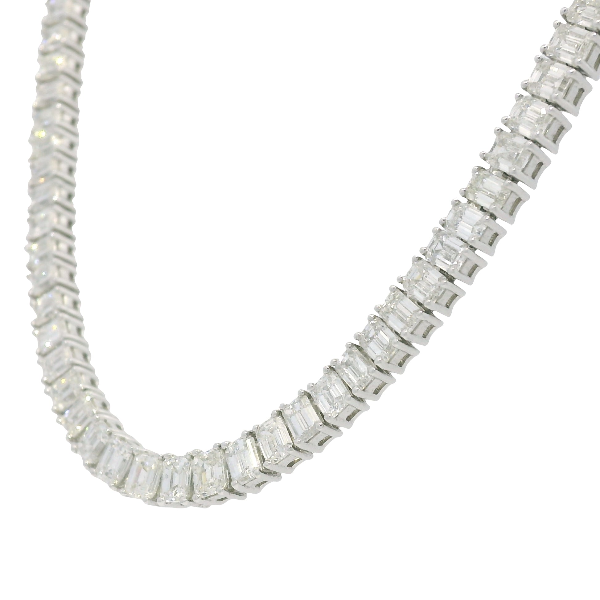 18k White Gold & Platinum Natural Emerald Cut Diamond Tennis Necklace