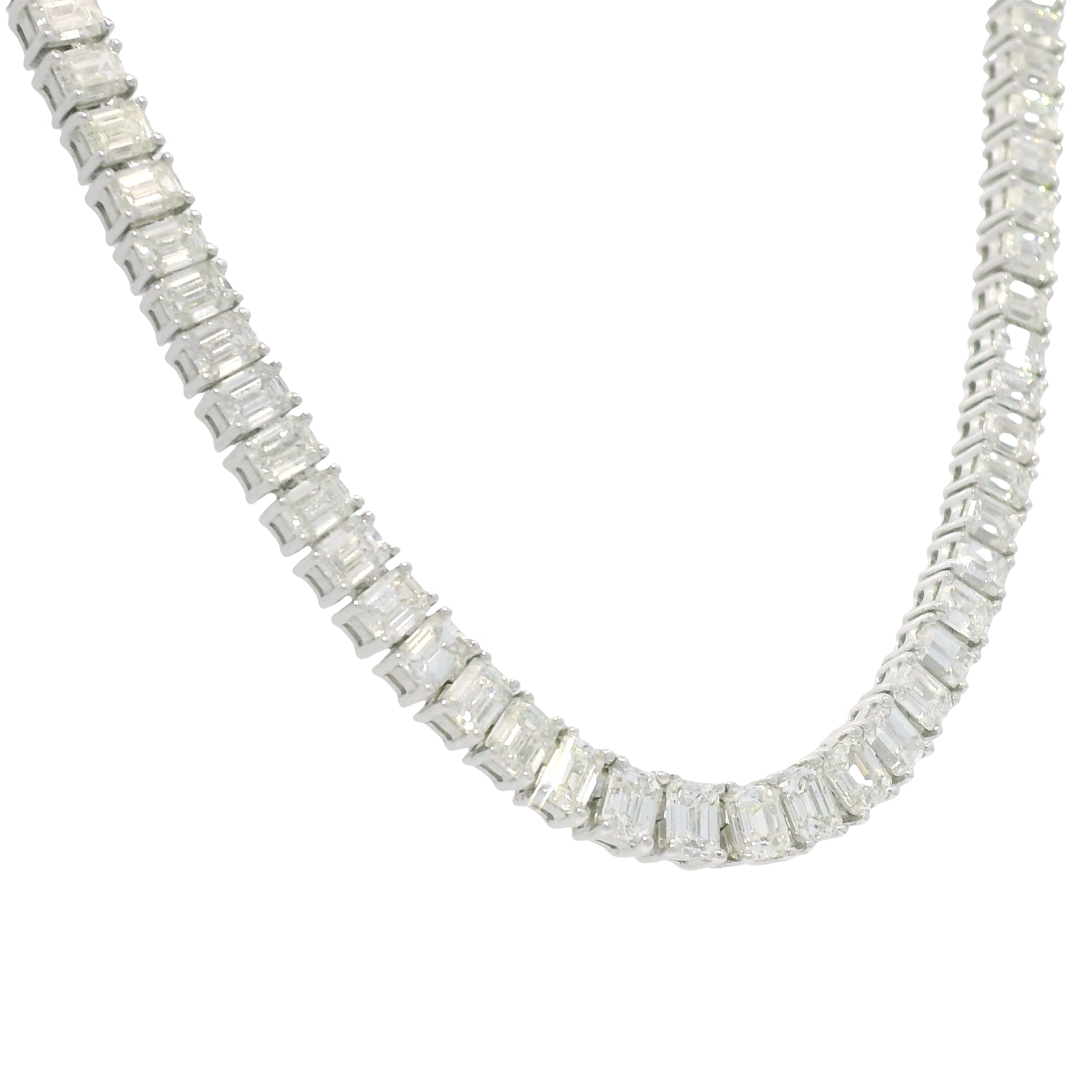 18k White Gold & Platinum Natural Emerald Cut Diamond Tennis Necklace