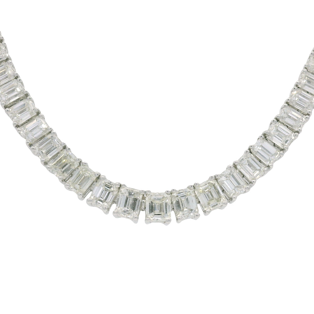 18k White Gold & Platinum Natural Emerald Cut Diamond Tennis Necklace