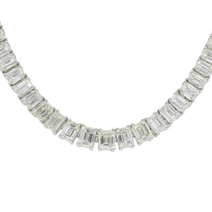 18k White Gold & Platinum Natural Emerald Cut Diamond Tennis Necklace