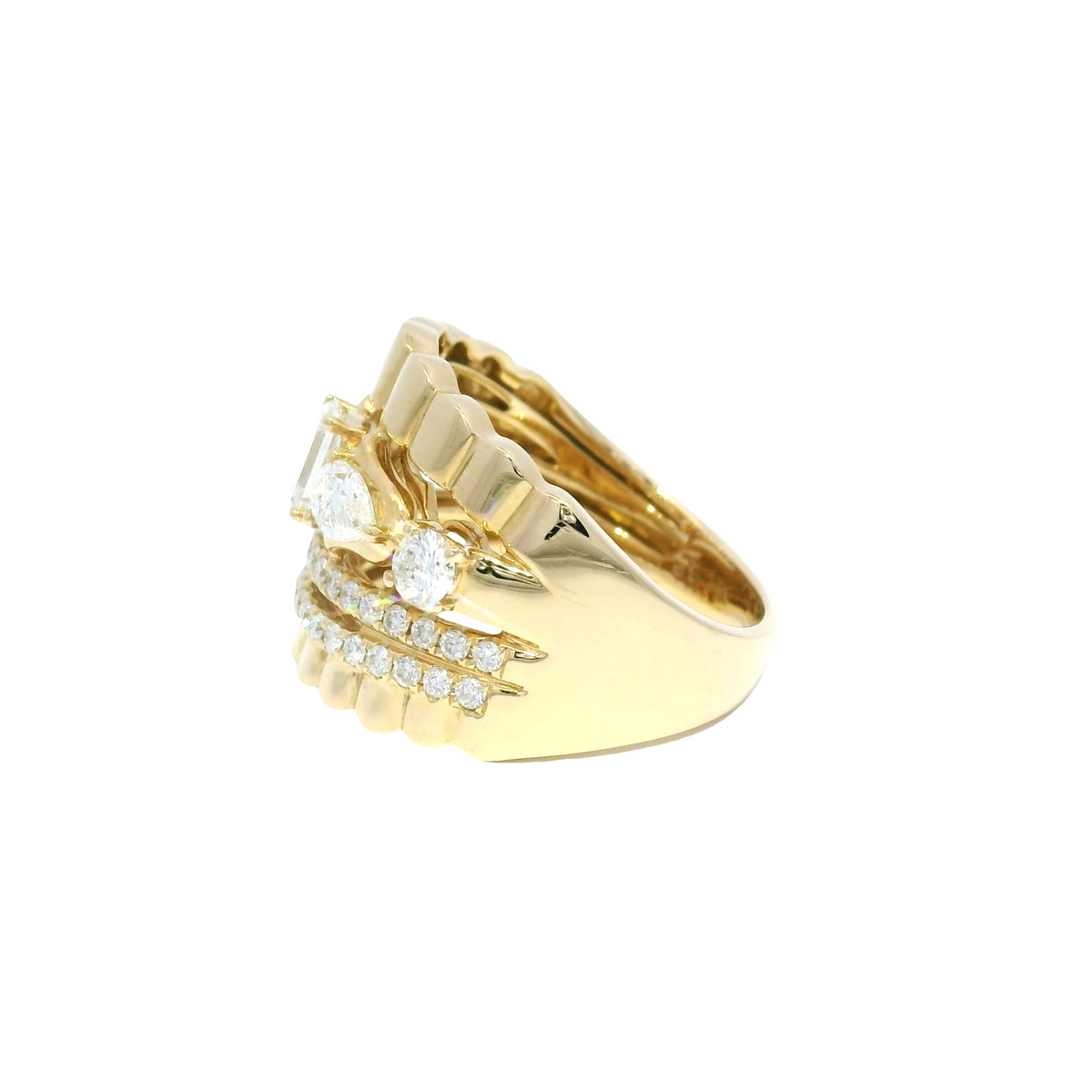 14k Yellow Gold Natural Diamond Emerald Cut & Pear Shape Multi-Row Ring
