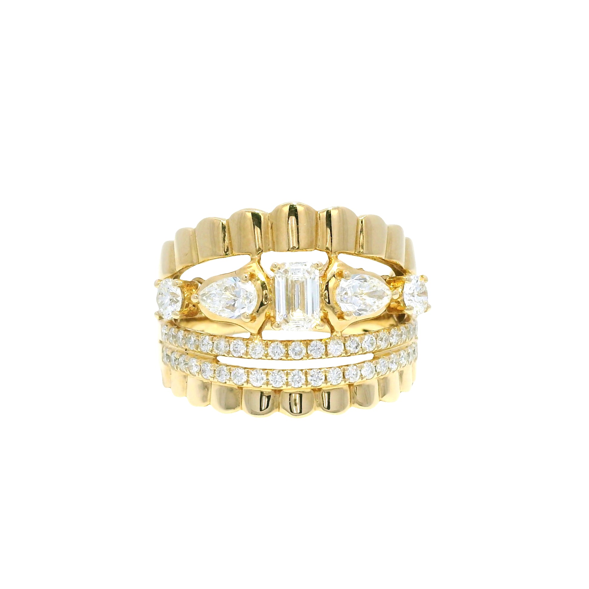 14k Yellow Gold Natural Diamond Emerald Cut & Pear Shape Multi-Row Ring