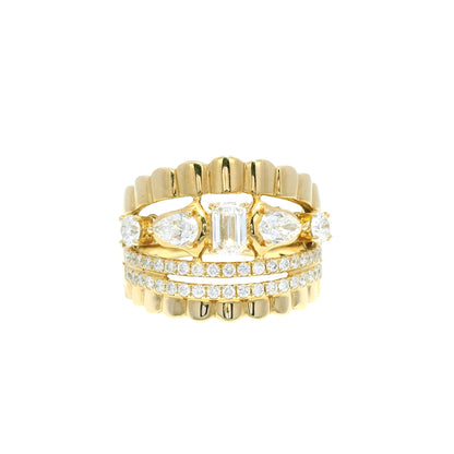 14k Yellow Gold Natural Diamond Emerald Cut & Pear Shape Multi-Row Ring