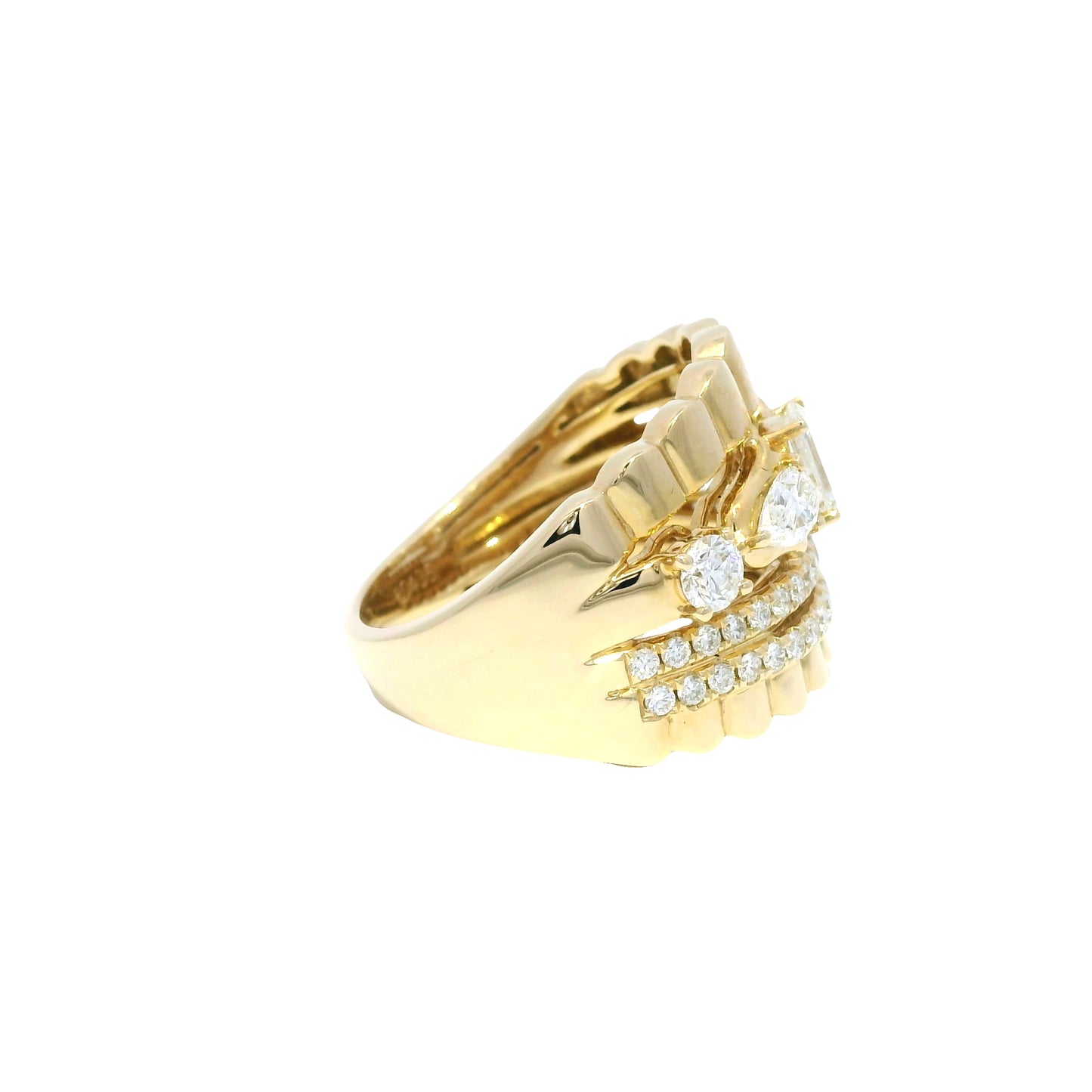 14k Yellow Gold Natural Diamond Emerald Cut & Pear Shape Multi-Row Ring