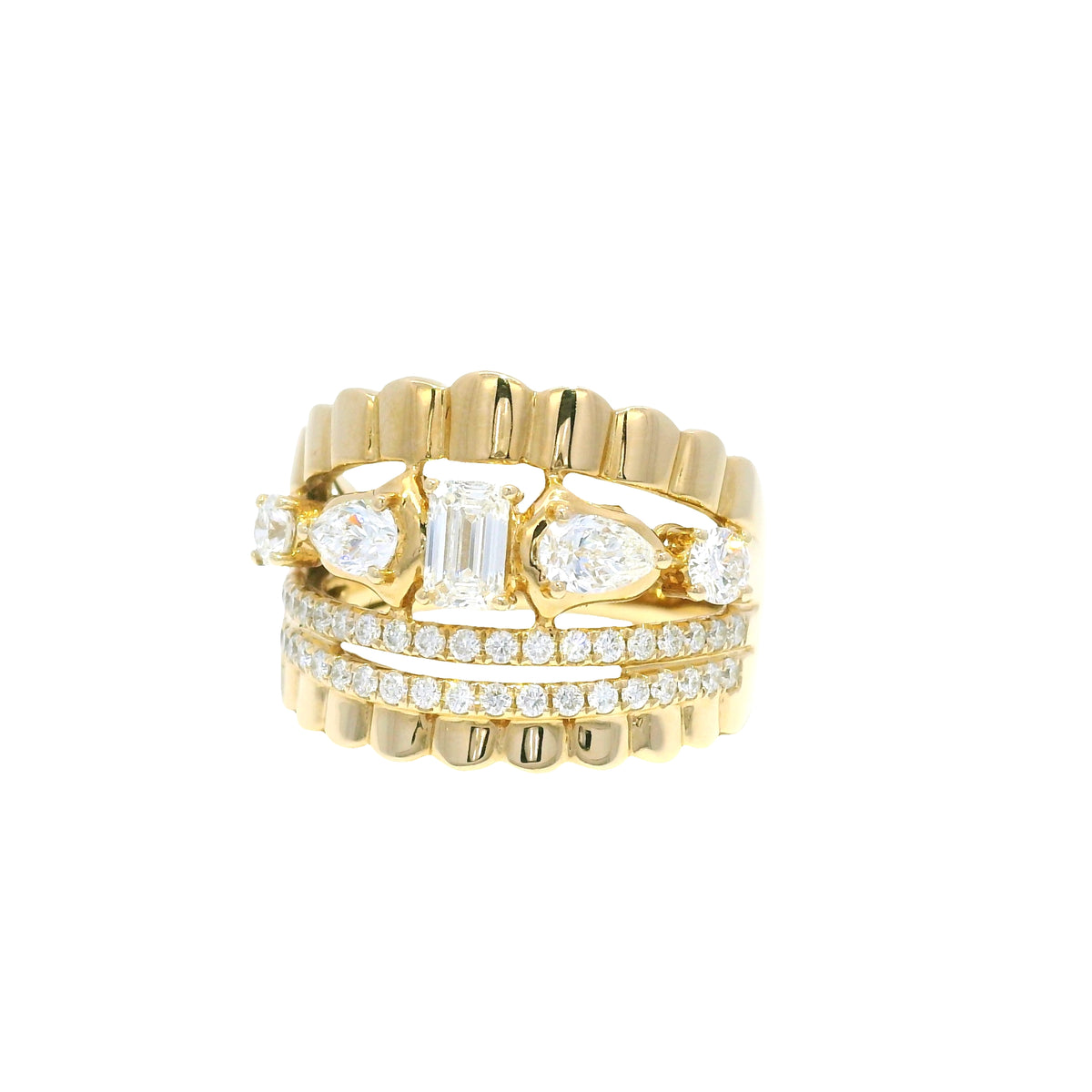 14k Yellow Gold Natural Diamond Emerald Cut & Pear Shape Multi-Row Ring