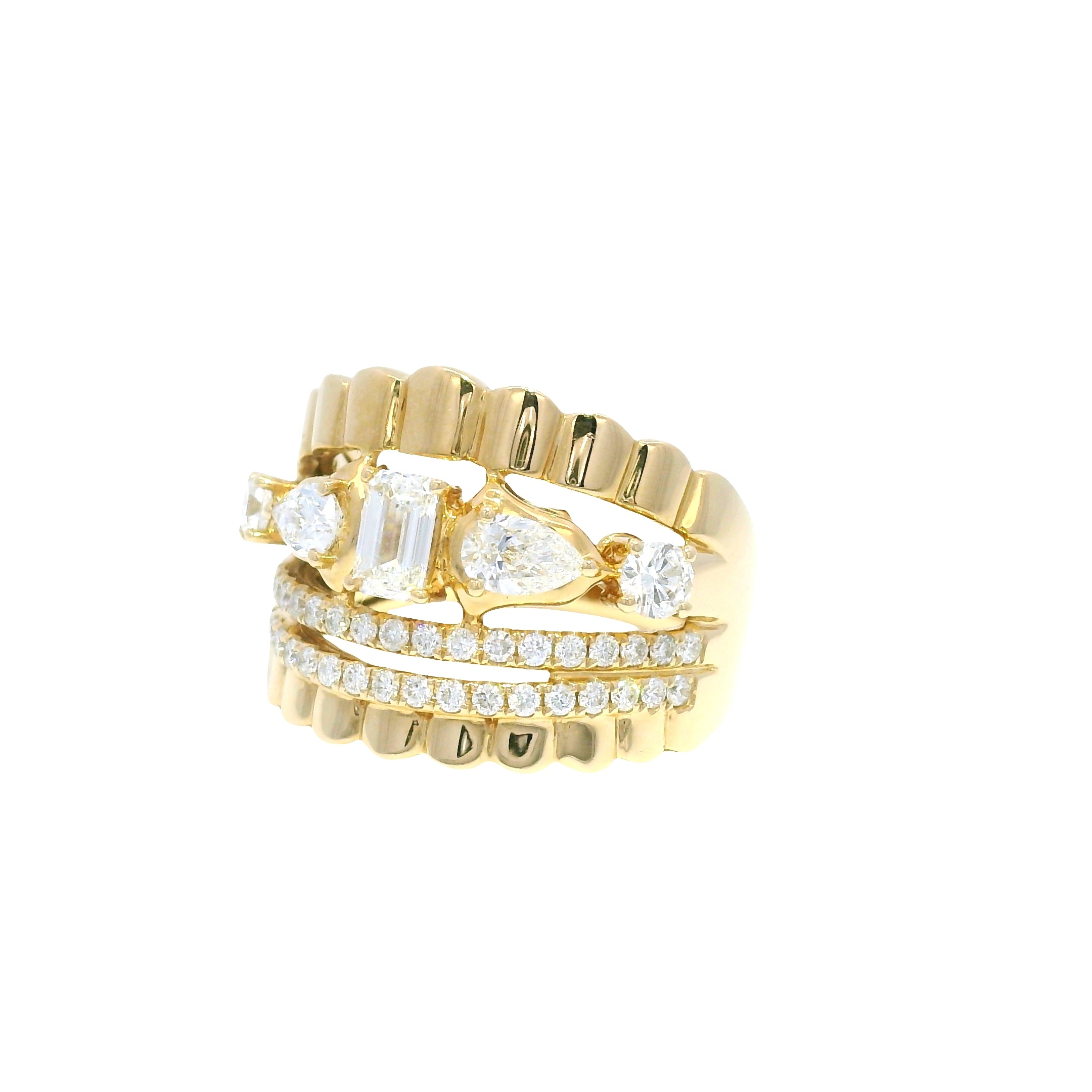 14k Yellow Gold Natural Diamond Emerald Cut & Pear Shape Multi-Row Ring