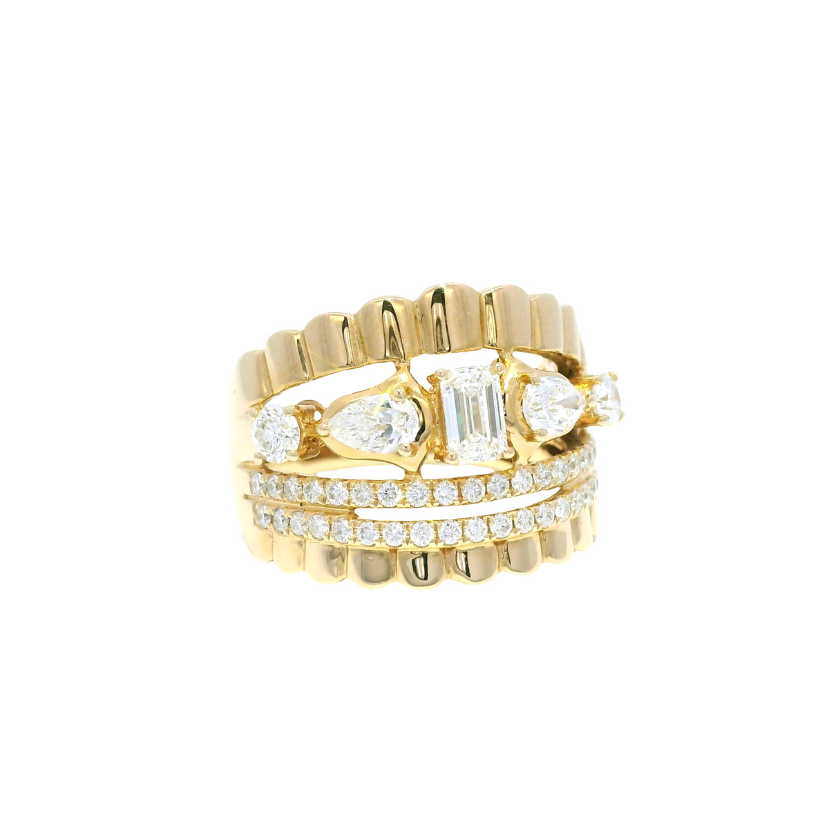 14k Yellow Gold Natural Diamond Emerald Cut & Pear Shape Multi-Row Ring